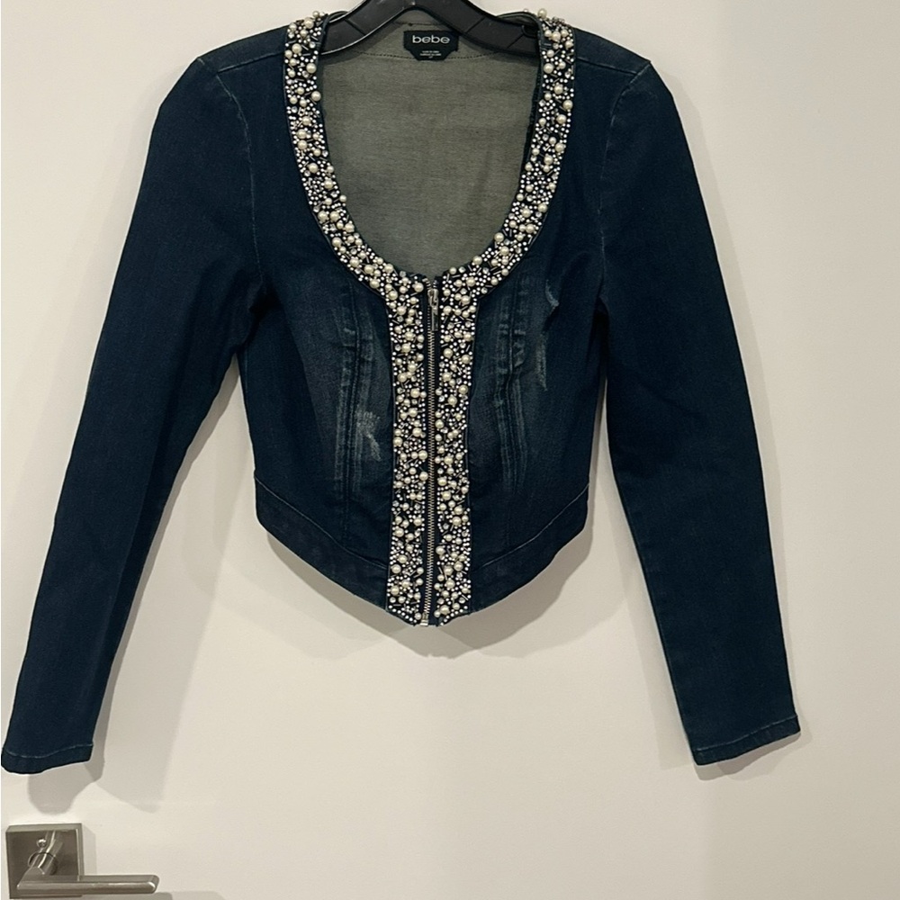 Bebe Blue Jean Jacket with Embellished Trim